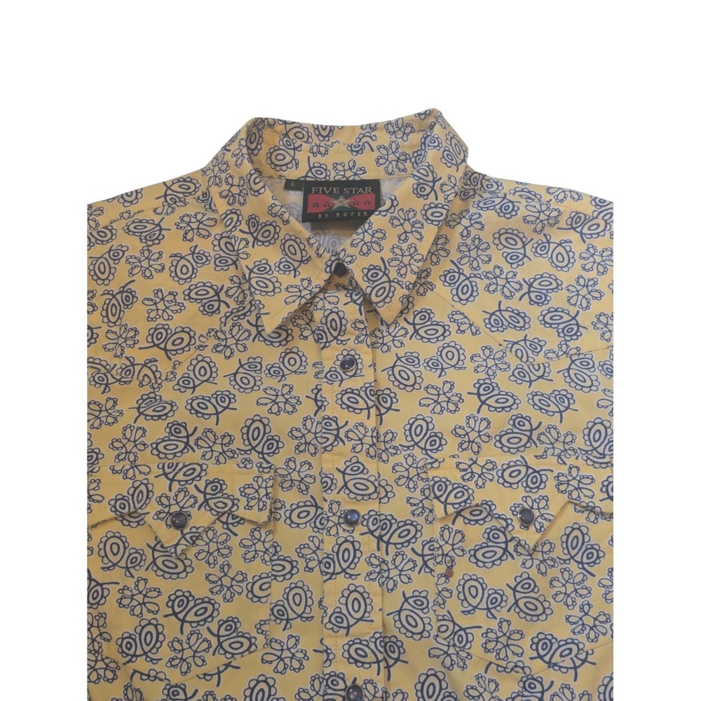 Five‎ Star by Roper Western Shirt Mens Large Yellow Blue Floral Cowboy Rodeo